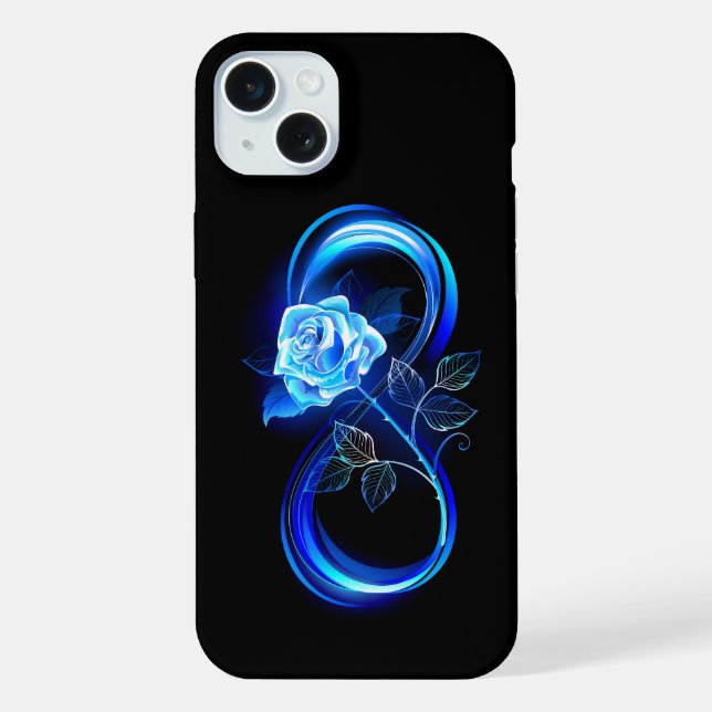 Leuchtende Unendlichkeit mit blauer Rose iPhone 15 Plus Hülle (Rückseite)