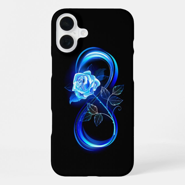 Leuchtende Unendlichkeit mit blauer Rose iPhone 16 Plus Hülle (Rückseite)