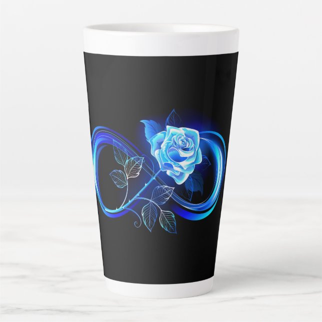 Leuchtende Unendlichkeit mit blauer Rose Milchtasse (Vorderseite)