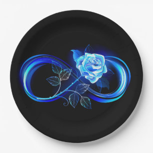 Leuchtende Unendlichkeit mit blauer Rose Pappteller