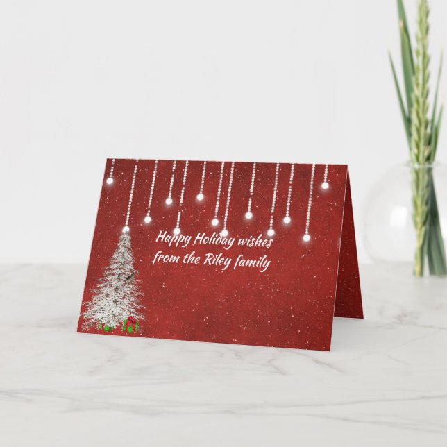 leuchtende Weihnachtslichter auf rot mit Schneeflo Karte (Vorderseite)