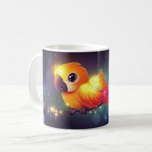 Leuchtender Ara auf einem Ast sitzend. Kaffeetasse
