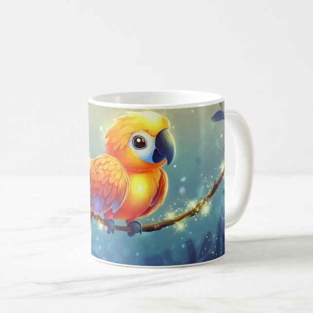 Leuchtender Ara auf einem Ast sitzend. Kaffeetasse (VorderseiteRechts)