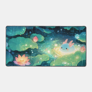 Leuchtender Blauer Axolotl Regen Nacht Lotus Teich Schreibtischunterlage