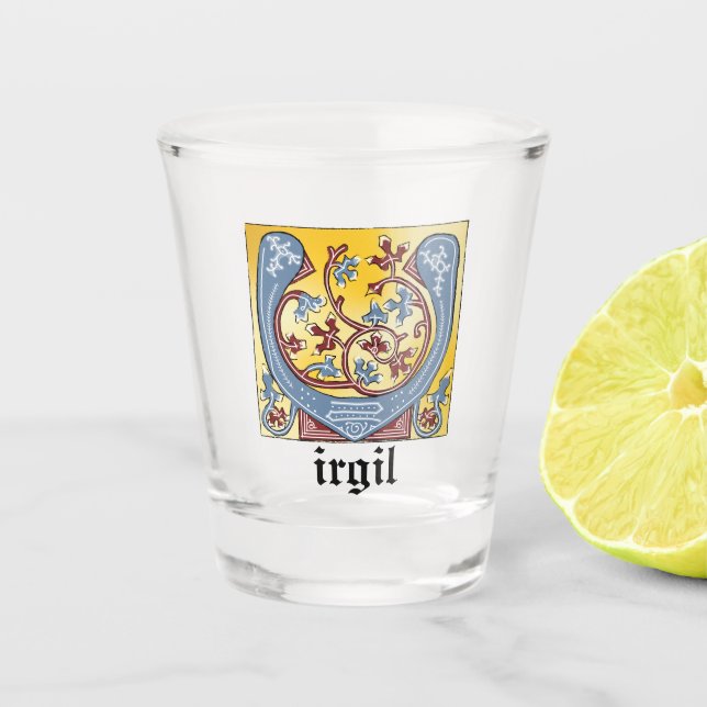 Leuchtender Brief des Mittelalters in Blau und Rot Schnapsglas (Vorderseite)