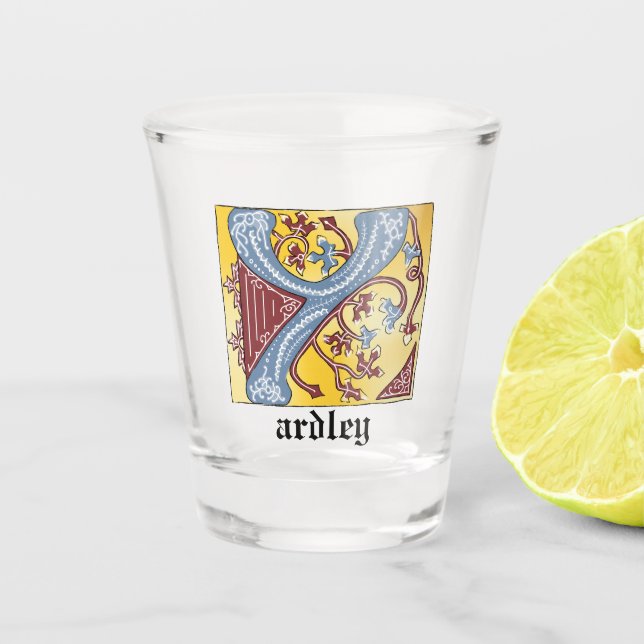 Leuchtender Brief Y: Mittelalterliches Blau und Ro Schnapsglas (Vorderseite)