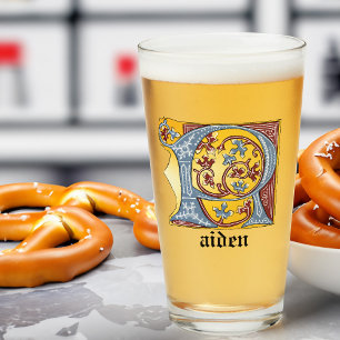 Leuchtender Buchstabe R für mittelalterliches Blau Glas