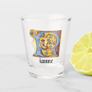 Leuchtender Buchstabe R für mittelalterliches Blau Schnapsglas
