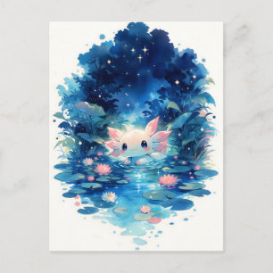 Leuchtender Indigo-Wald Kawaii Axolotl-Teich Postkarte