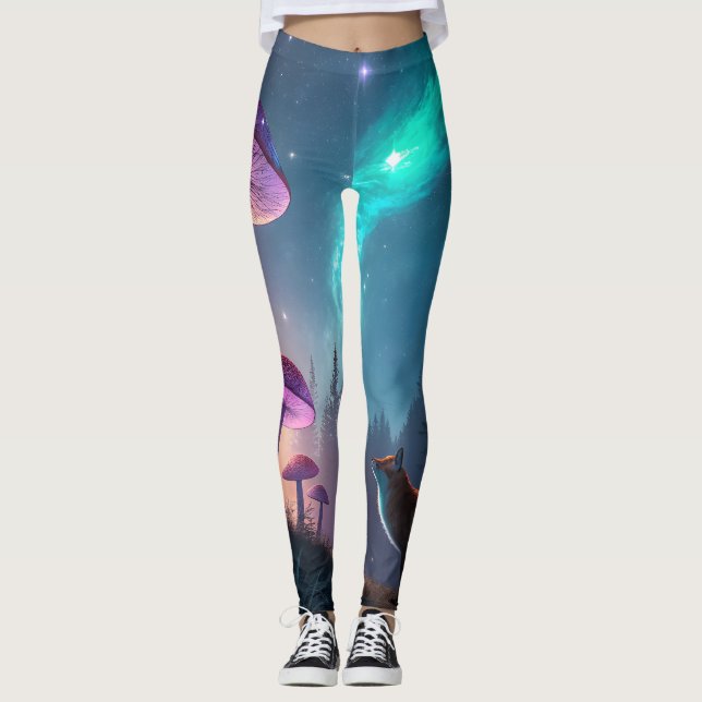 Leuchtender Pilzwald Fuchs Fantasy-Kunst Leggings (Vorderseite)