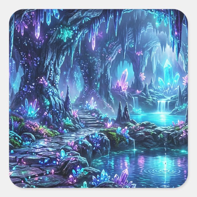Leuchtender Wald mit See Quadratischer Aufkleber (Vorderseite)