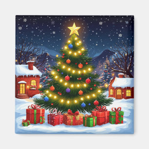 Leuchtender Weihnachtsbaum in einem schneebedeckte Magnet