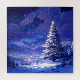 Leuchtender Weihnachtsbaum Schneebedeckte Bergland