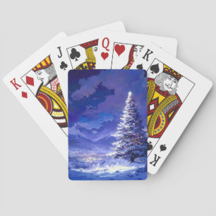 Leuchtender Weihnachtsbaum Schneebedeckte Bergland Spielkarten