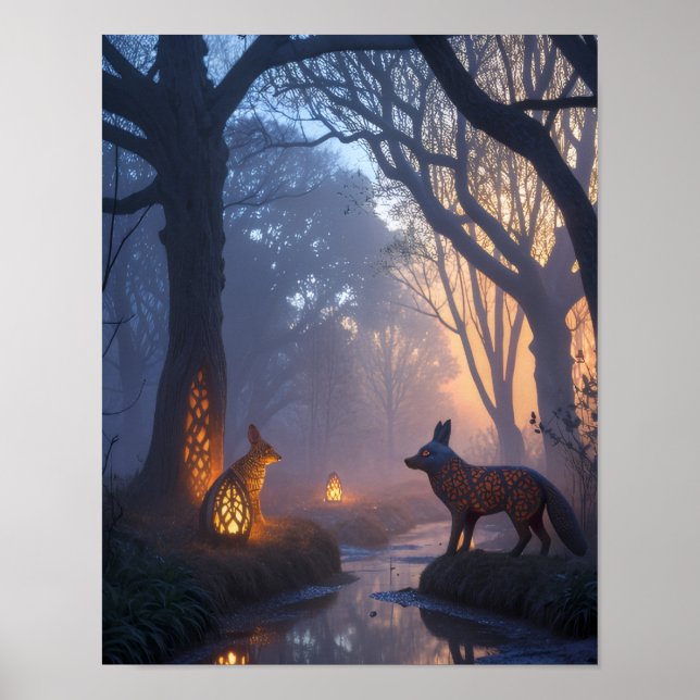 Leuchtender Zwielichtwald mit hölzernen Tieren Poster (Vorne)