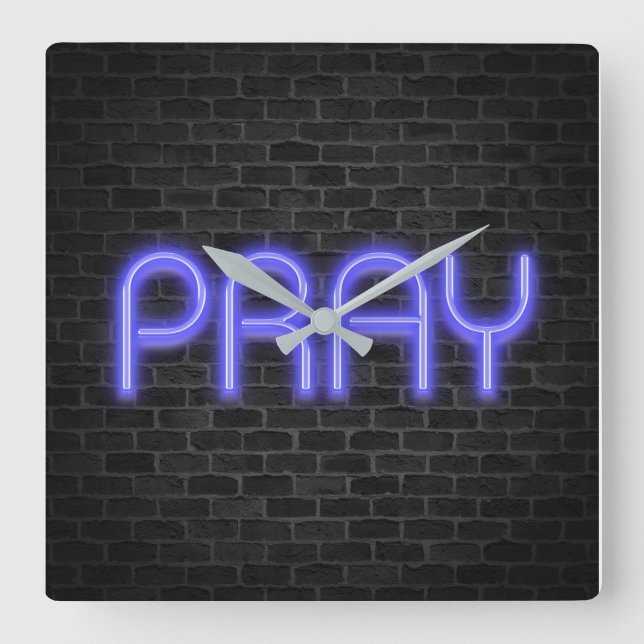 leuchtendes Neon PRAY-Schild auf Backstein Quadratische Wanduhr (Vorderseite)