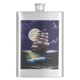 Leuchtendes Schiff auf dem Ozean unter dem Mond Flachmann