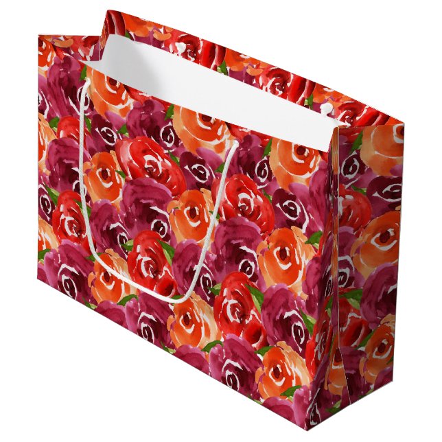 Leuchtfarbene BlumenCollage Große Geschenktüte (Vorderseite Schrägansicht)
