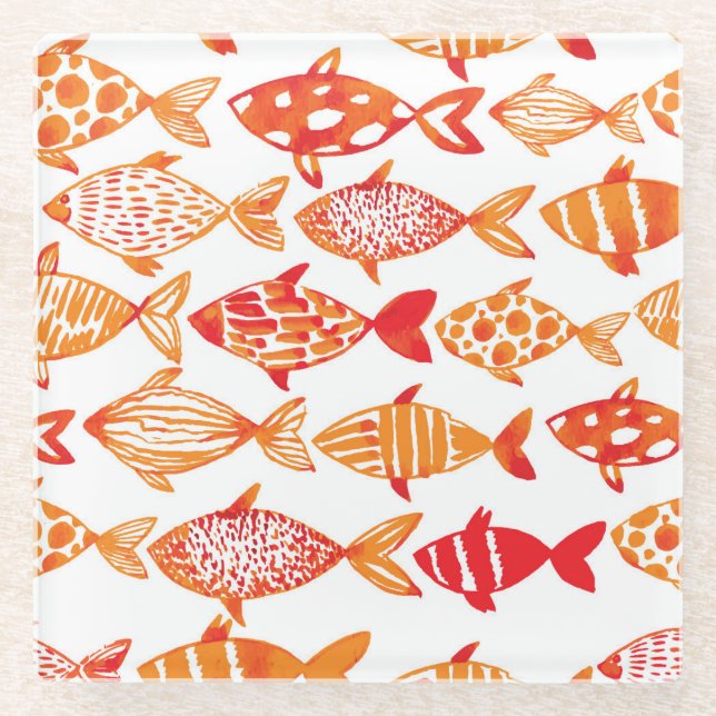 Leuchtorange-Aquarell-Fisch-Muster Glasuntersetzer (Vorderseite)