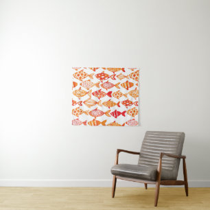 Leuchtorange-Aquarell-Fisch-Muster Wandteppich