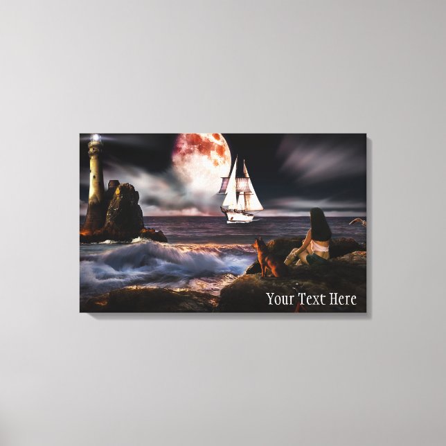 Leuchtturm am Abend mit Riesenmoon Canvas Print Leinwanddruck (Vorderseite)