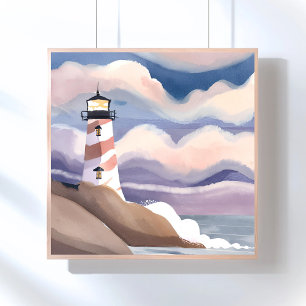 Leuchtturm am Meer   Aquarell-Ozean-Gemälde Poster