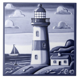 Leuchtturm am Meer in Blau und Weiß Fliese