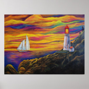 Leuchtturm am Sunset Sailboat Landschaft Berg Poster