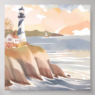 Leuchtturm an der Küste   Aquarell-Ozean Poster