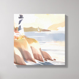 Leuchtturm an der Küste | Aquarellmeer Leinwanddruck