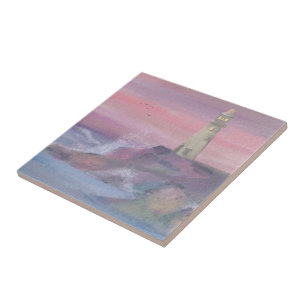 Leuchtturm an der Küstenklippe mit rosa Himmel Fliese