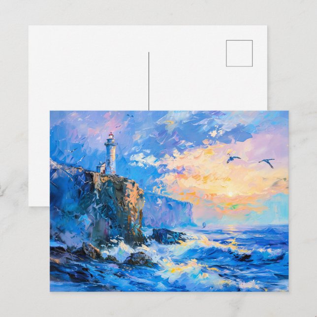 Leuchtturm an der Rocky Coast Impressionist Seasca Postkarte (Vorne/Hinten)
