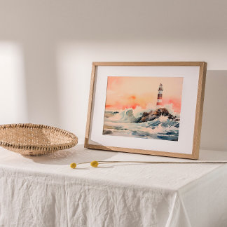 Leuchtturm: Aquarellmalerei an der Küste Poster