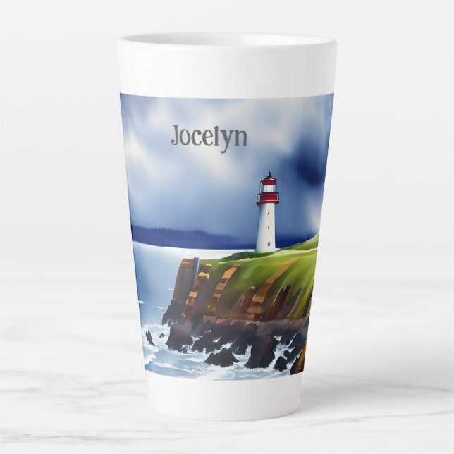 Leuchtturm auf den Klippen Wasserfarbe Personalisi Milchtasse (Vorderseite)