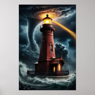 Leuchtturm aus rotem Ziegelstein in Tornado Poster