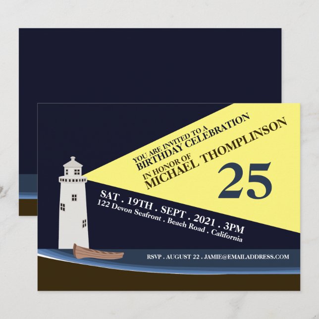 Leuchtturm bei Nacht, Beach Birthday Party Einladung (Vorne/Hinten)