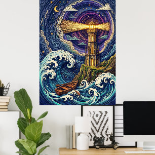 Leuchtturm bei Nacht mit Wellen Poster