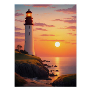 Leuchtturm bei Sonnenuntergang Poster
