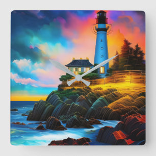 Leuchtturm bei Sunset Quadratische Wanduhr