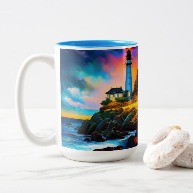 Leuchtturm bei Sunset Zweifarbige Tasse (Mit Donut)