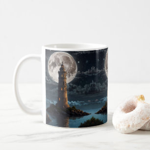 Leuchtturm beleuchtet durch Mondschein an einer kl Kaffeetasse