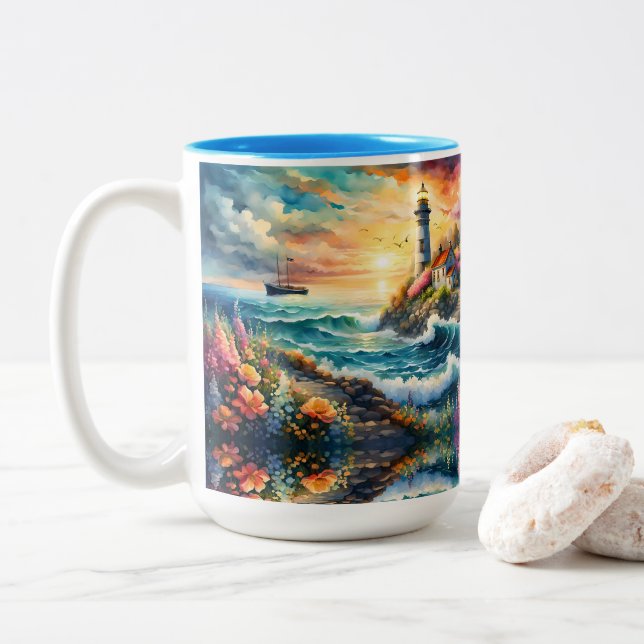Leuchtturm Blumengarten am Meer Zweifarbige Tasse (Mit Donut)