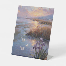 Leuchtturm-Feuchtgebiet Schwertlilien Ölmalerei |  Sockelschild