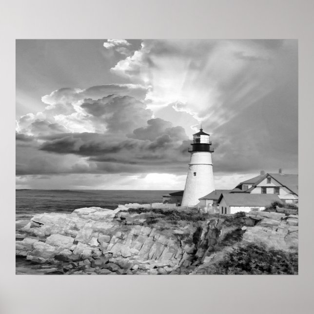 Leuchtturm Graue Schwarz-weiße Wolken Seascape Oce Poster (Vorne)