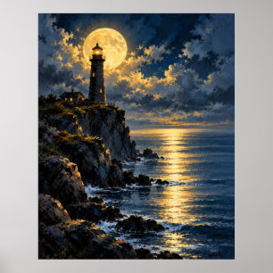 Leuchtturm im Mondlicht - Goldene Meeresnacht Poster