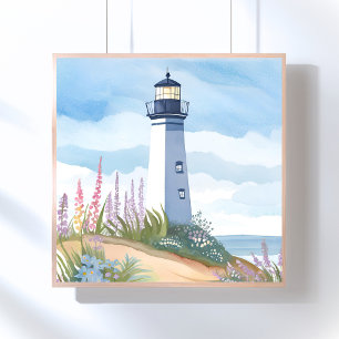 Leuchtturm in Blüte   Küsten-Wasserfarben-Blumen Poster