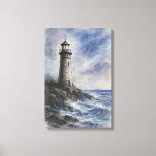 Leuchtturm in Kohle und Aquarell auf felsiger Küst Leinwanddruck