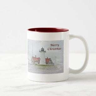 Leuchtturm in Snow Frohe Weihnachten Zweifarbige Tasse