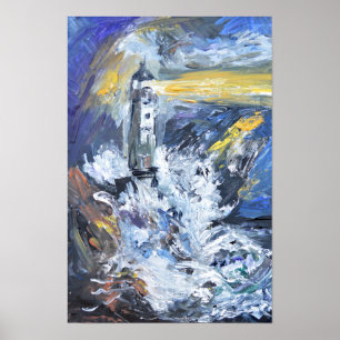 Leuchtturm in stürmischer See Impasto-Acrylgemälde Poster