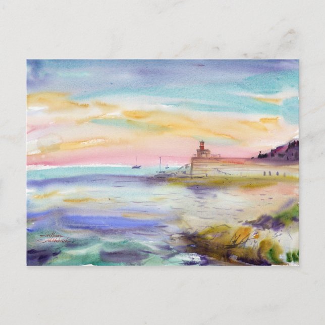 Leuchtturm in Villefranche-sur-Mer. Aquarellkunst Postkarte (Vorderseite)